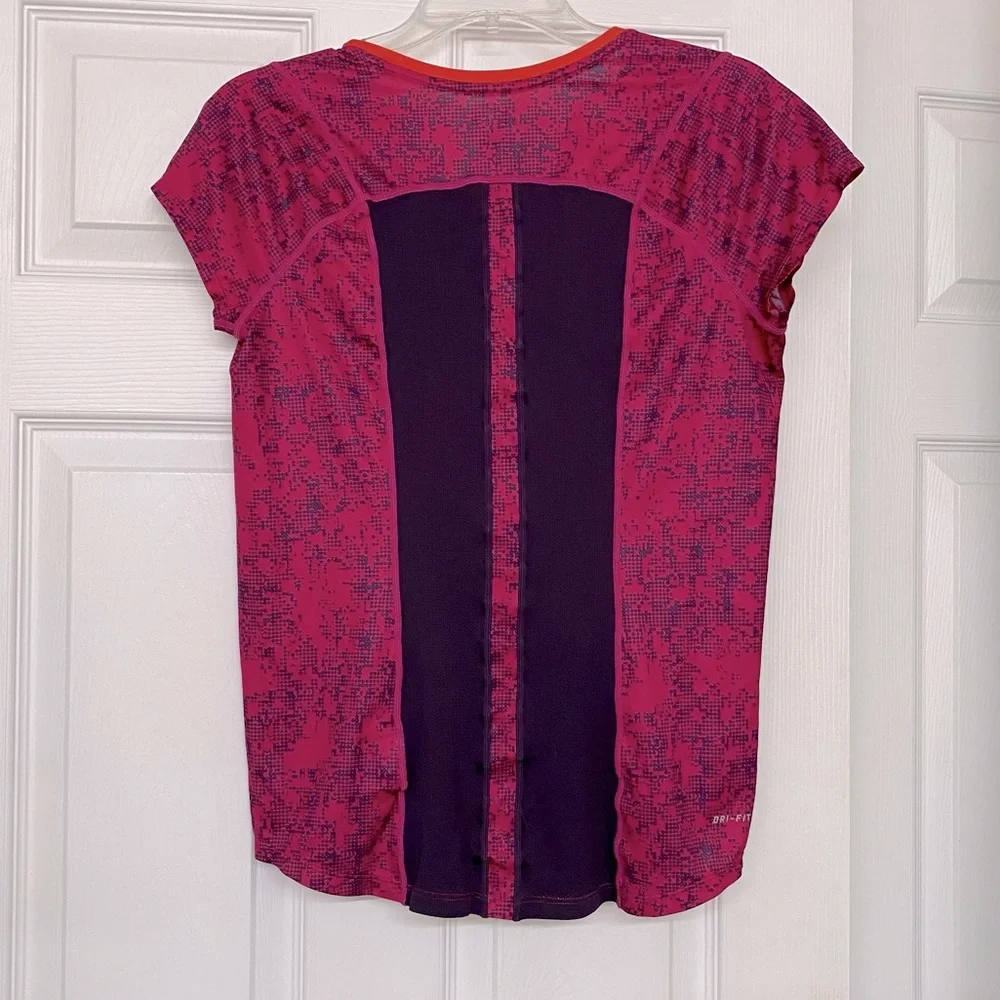 Nike Dri Fit Pink Print Mesh Back Short Sleeve Activewear Top Sz L